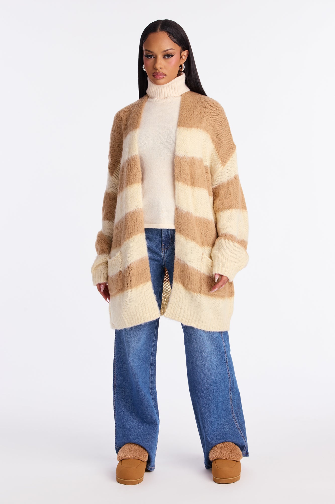 Catch My Vibe Oversized Striped Cardigan - Taupe/combo