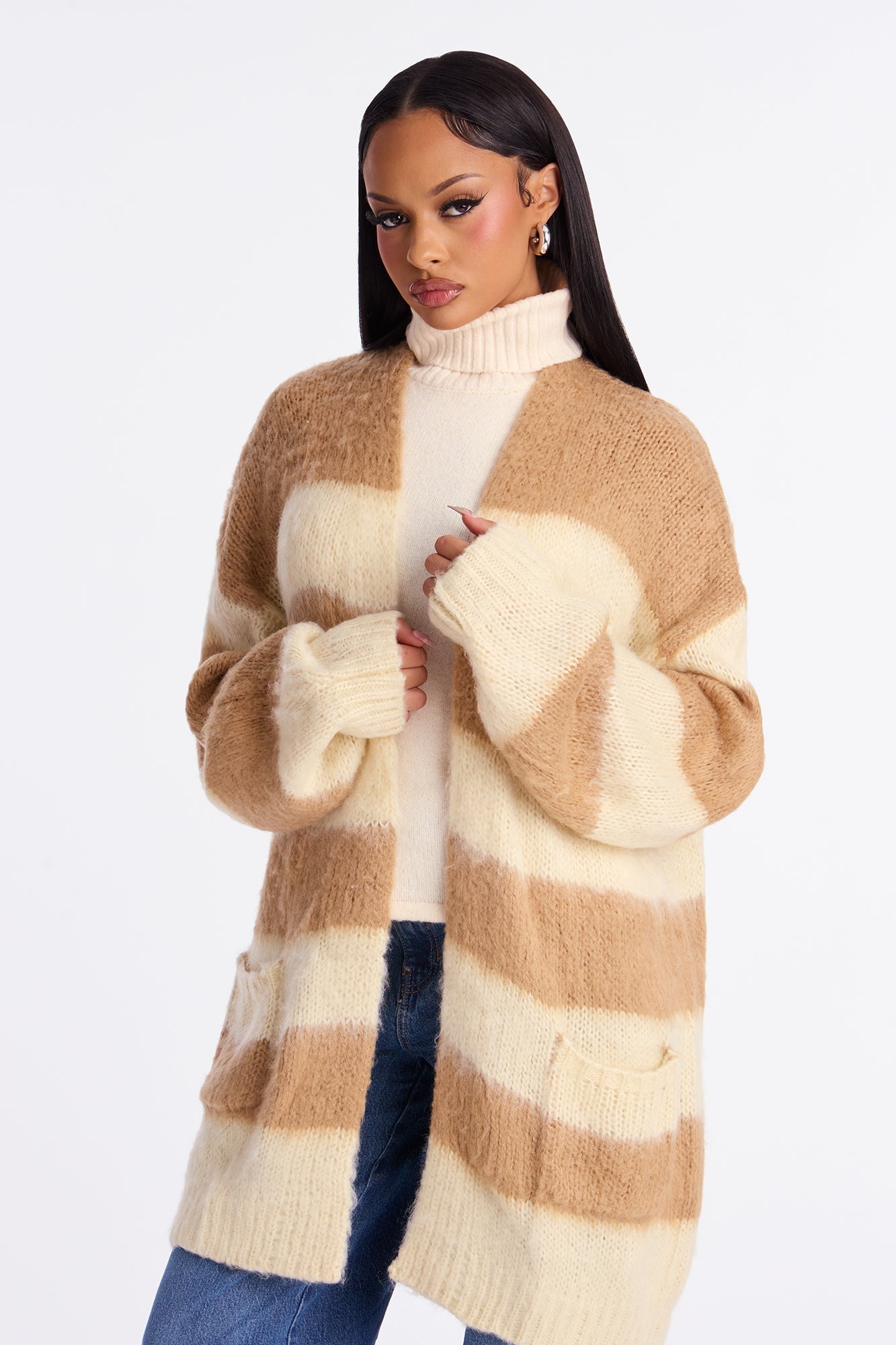 Catch My Vibe Oversized Striped Cardigan - Taupe/combo