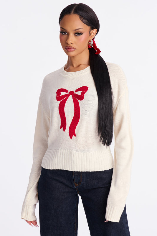 About A Girl Bow Sweater And Scrunchie Set - White/combo