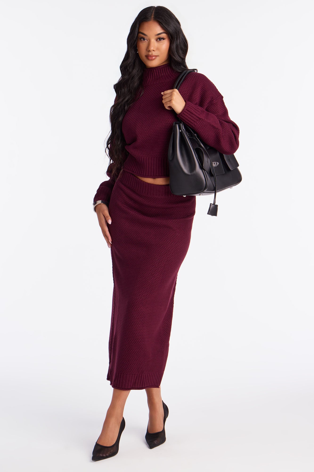 Athena Sweater Turtle Neck Maxi Skirt Set - Plum