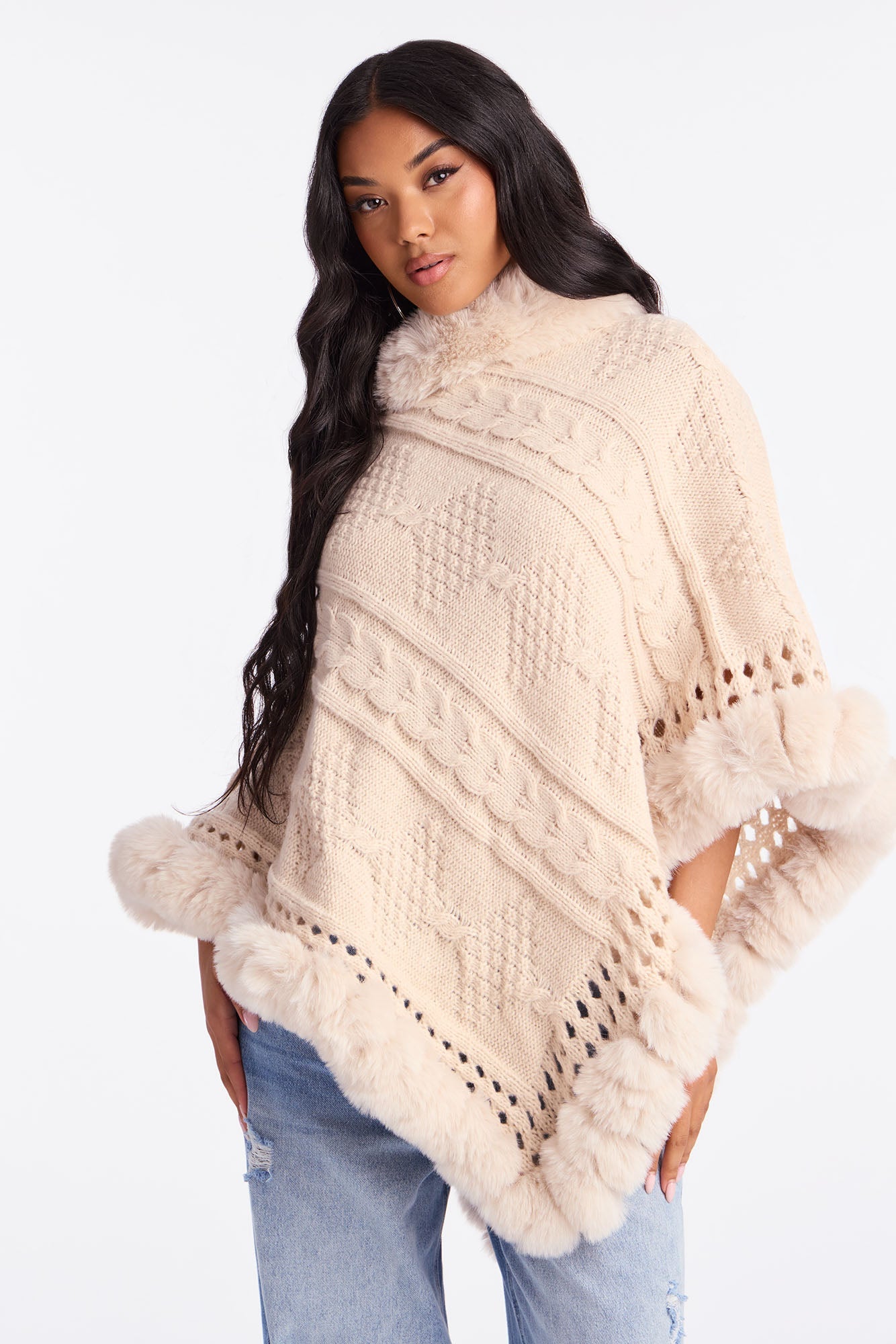 Wrapped Around You Faux Fur Trim Sweater Poncho - Cream