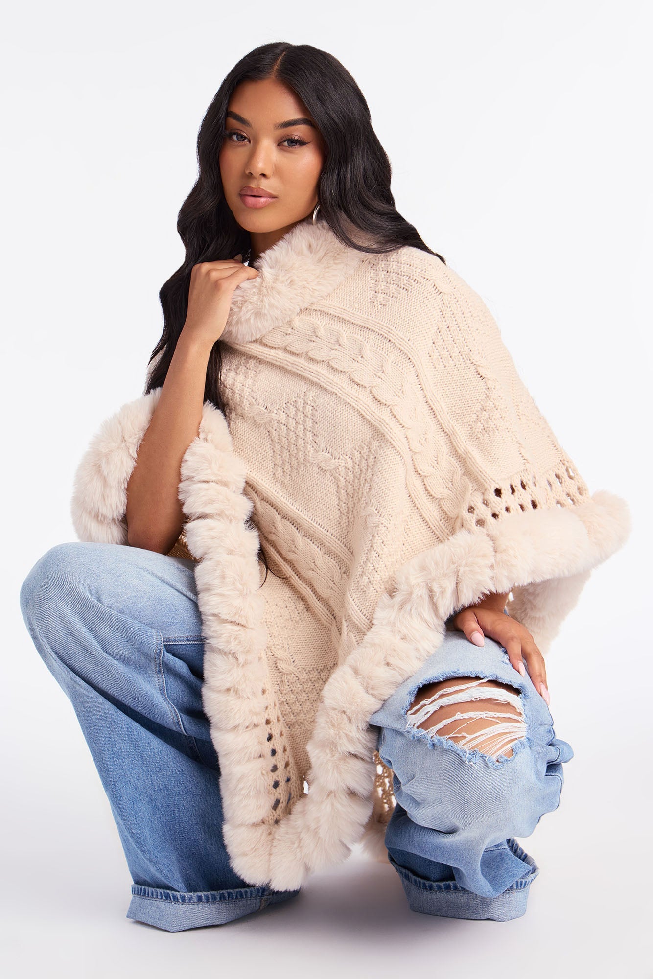 Wrapped Around You Faux Fur Trim Sweater Poncho - Cream