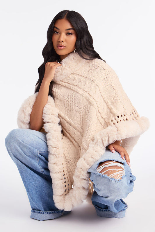 Wrapped Around You Faux Fur Trim Sweater Poncho - Cream