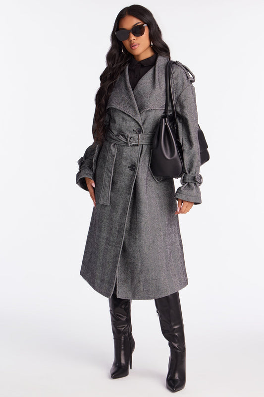 Working Overtime Belted Trench Coat - Black/combo