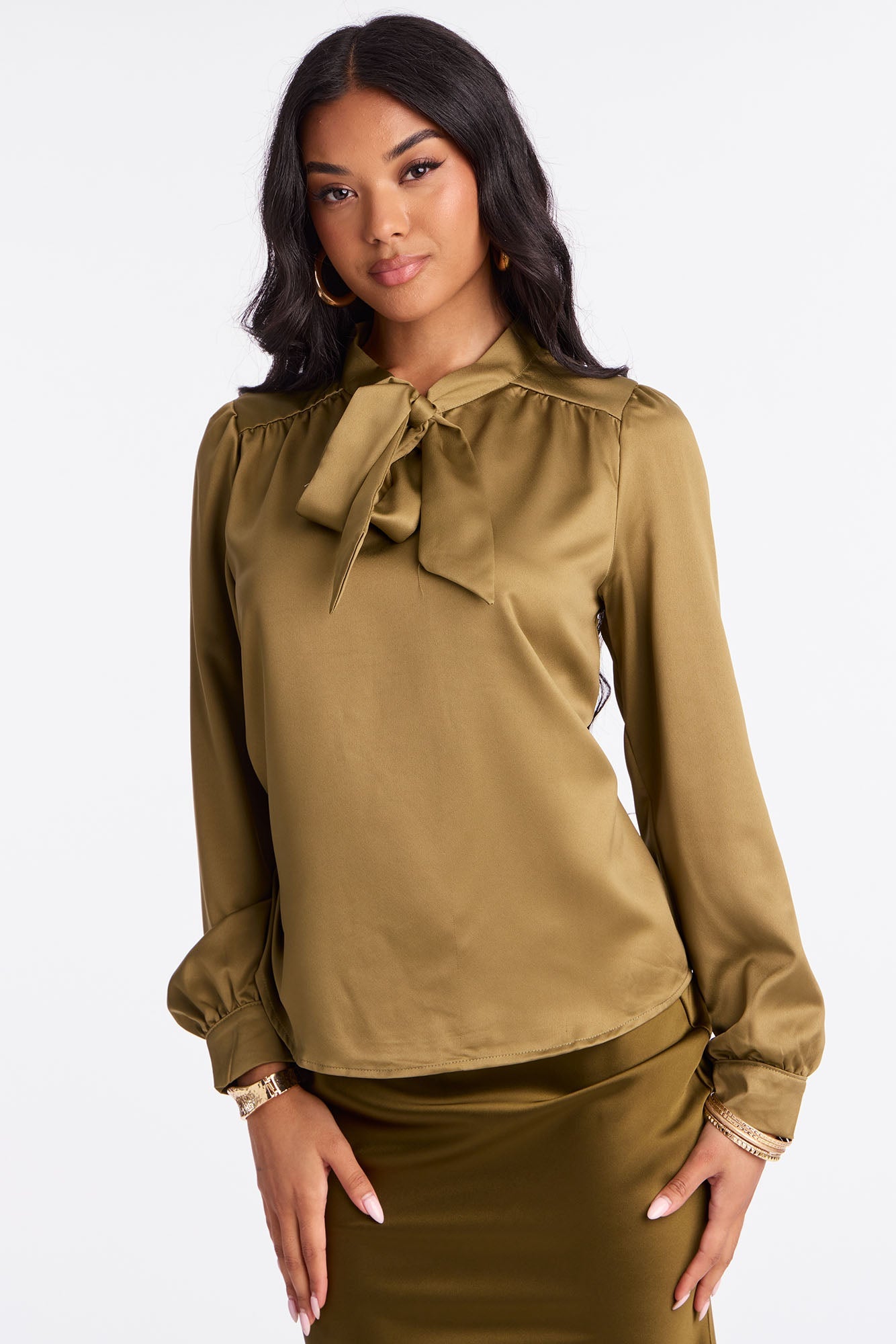 True Connections Neck Tie Satin Top - Olive
