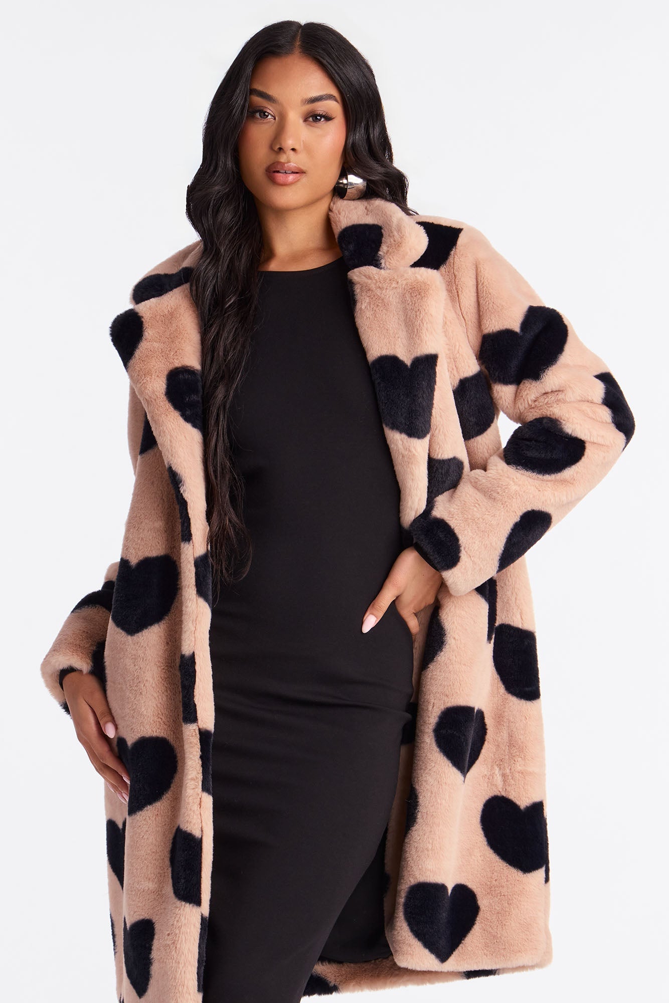 Lover Girl Faux Fur Heart Print Coat - Taupe/combo