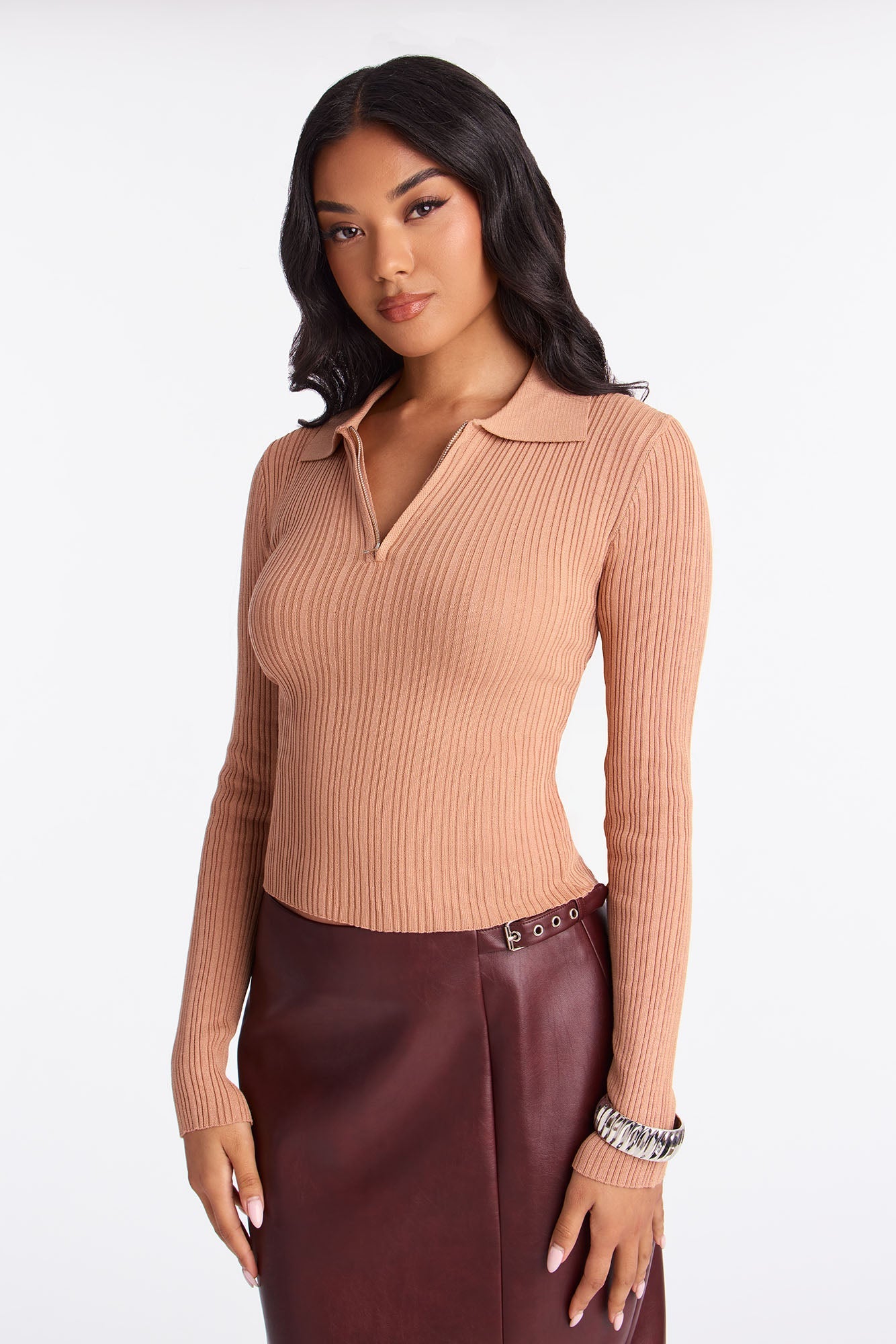 Hot Cocoa Season Ribbed Half Zip Sweater Top - Taupe