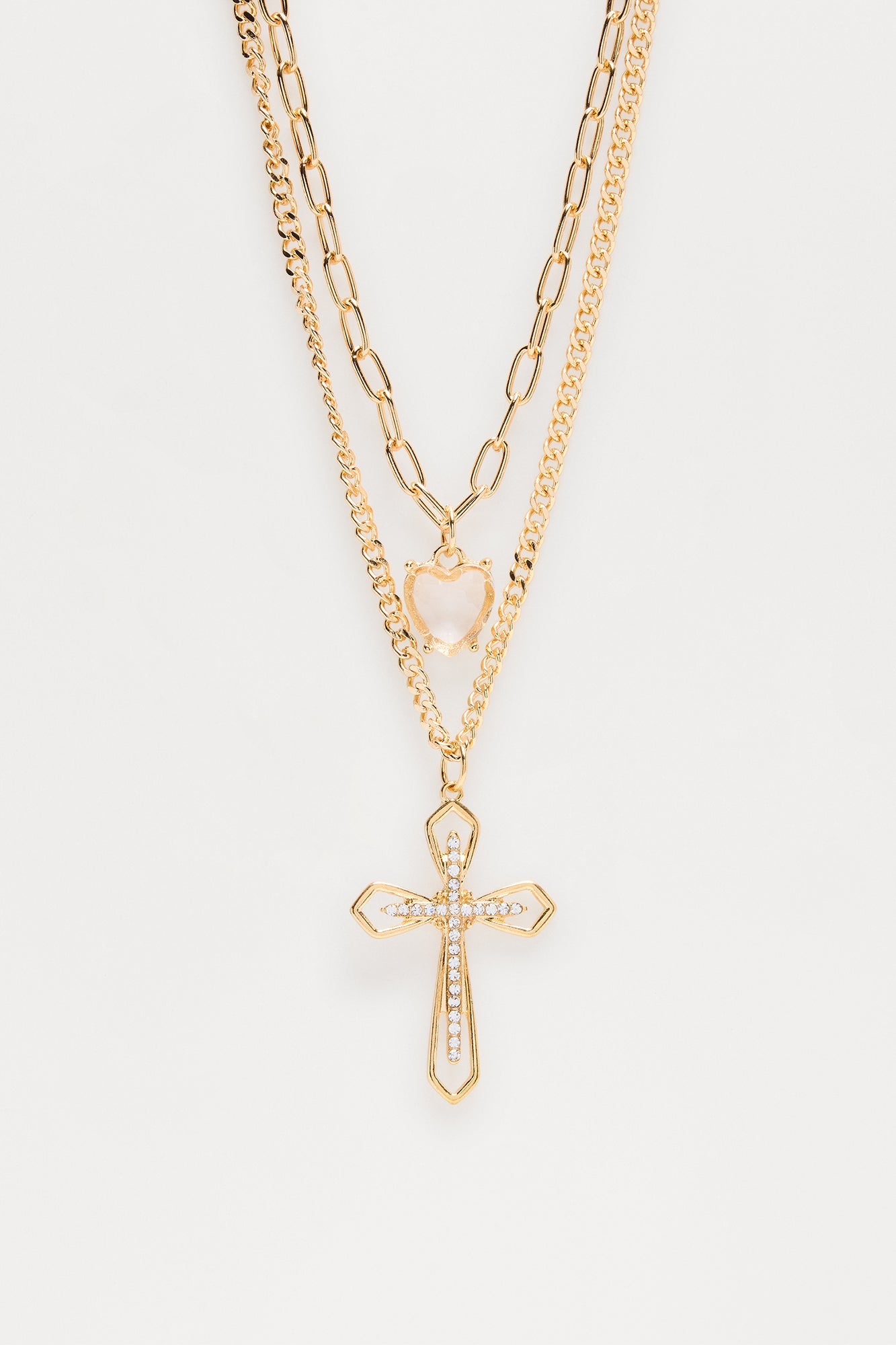 Sacred Love Cross And Heart Layered Necklace - Gold