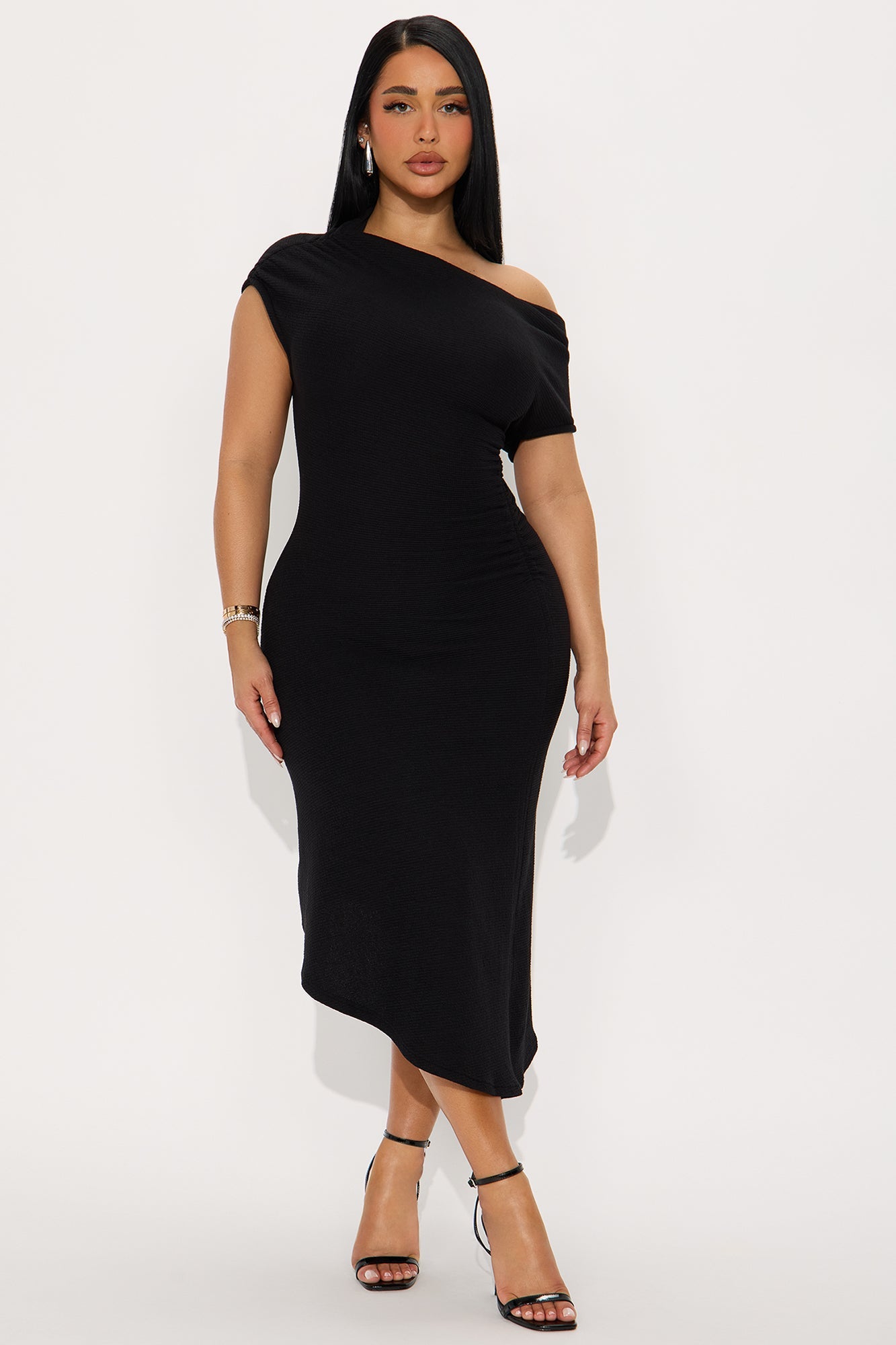Milena Asymmetrical Textured Midi Dress - Black