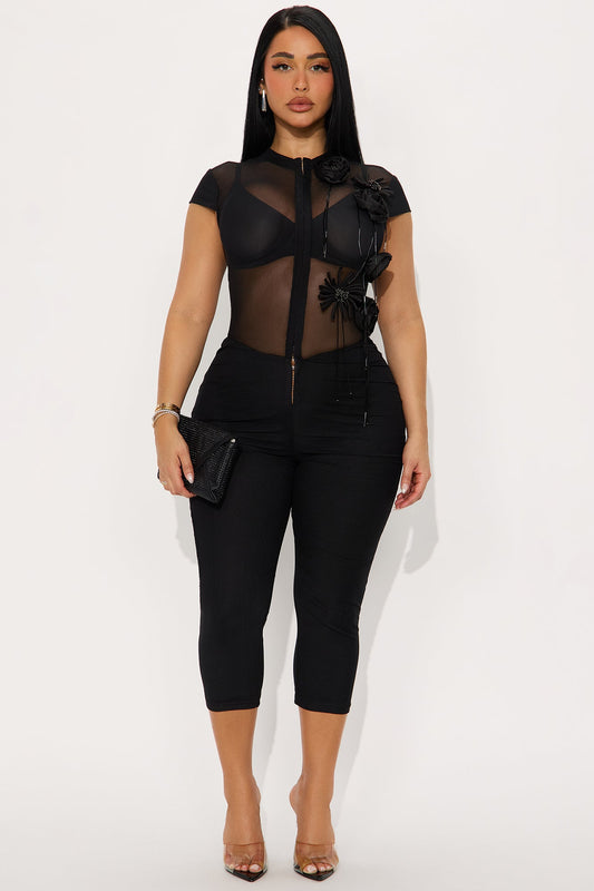 After Hours Mesh Capri Jumpsuit - Black