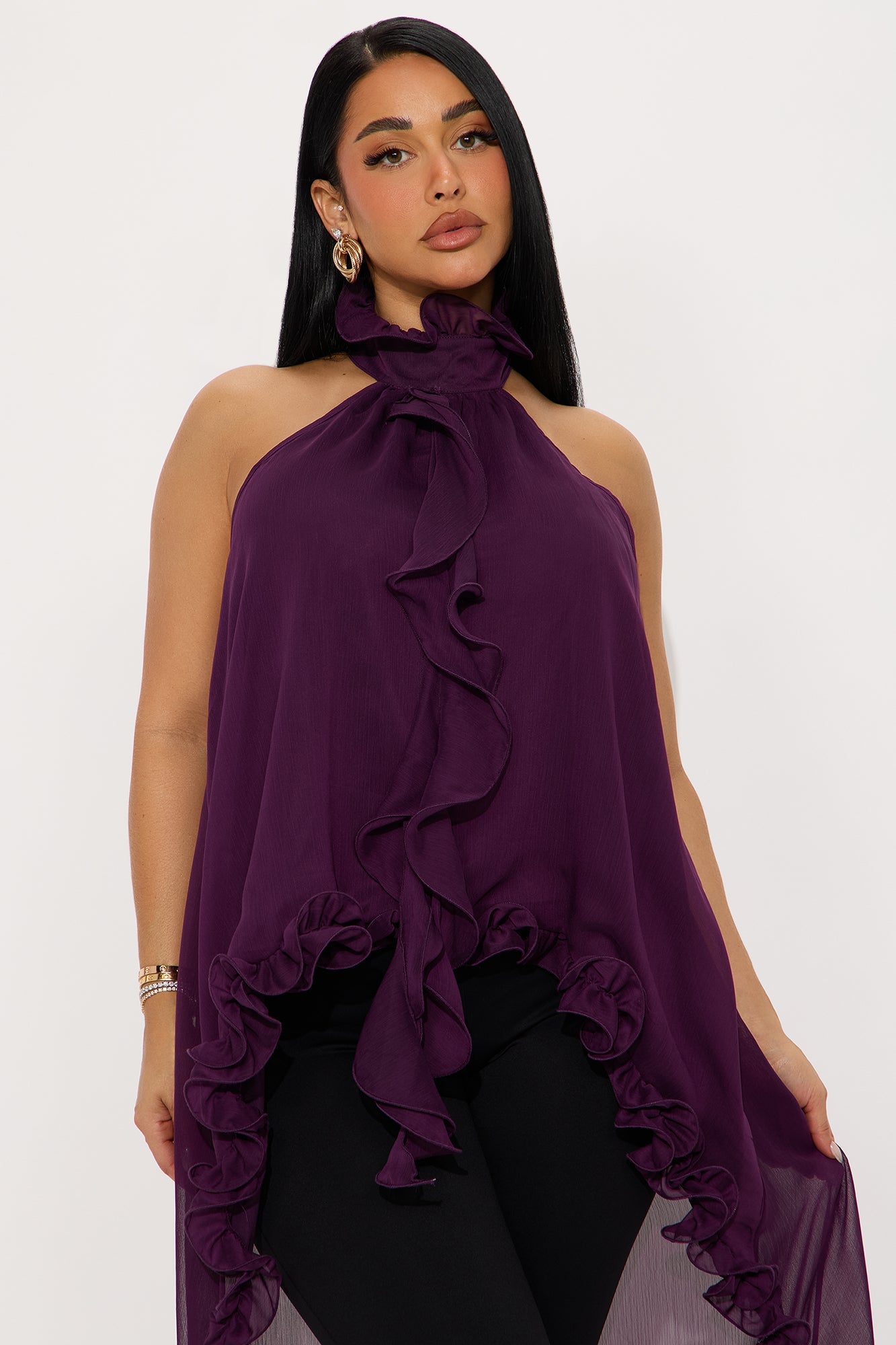 Rule Breaker Ruffle Chiffon Halter Top - Eggplant