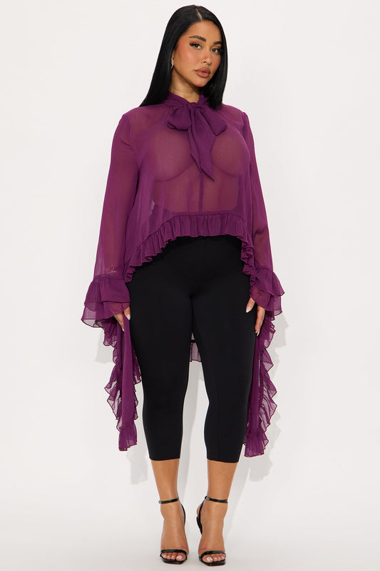 Elegance In Motion Neck Tie Ruffle Top - Plum