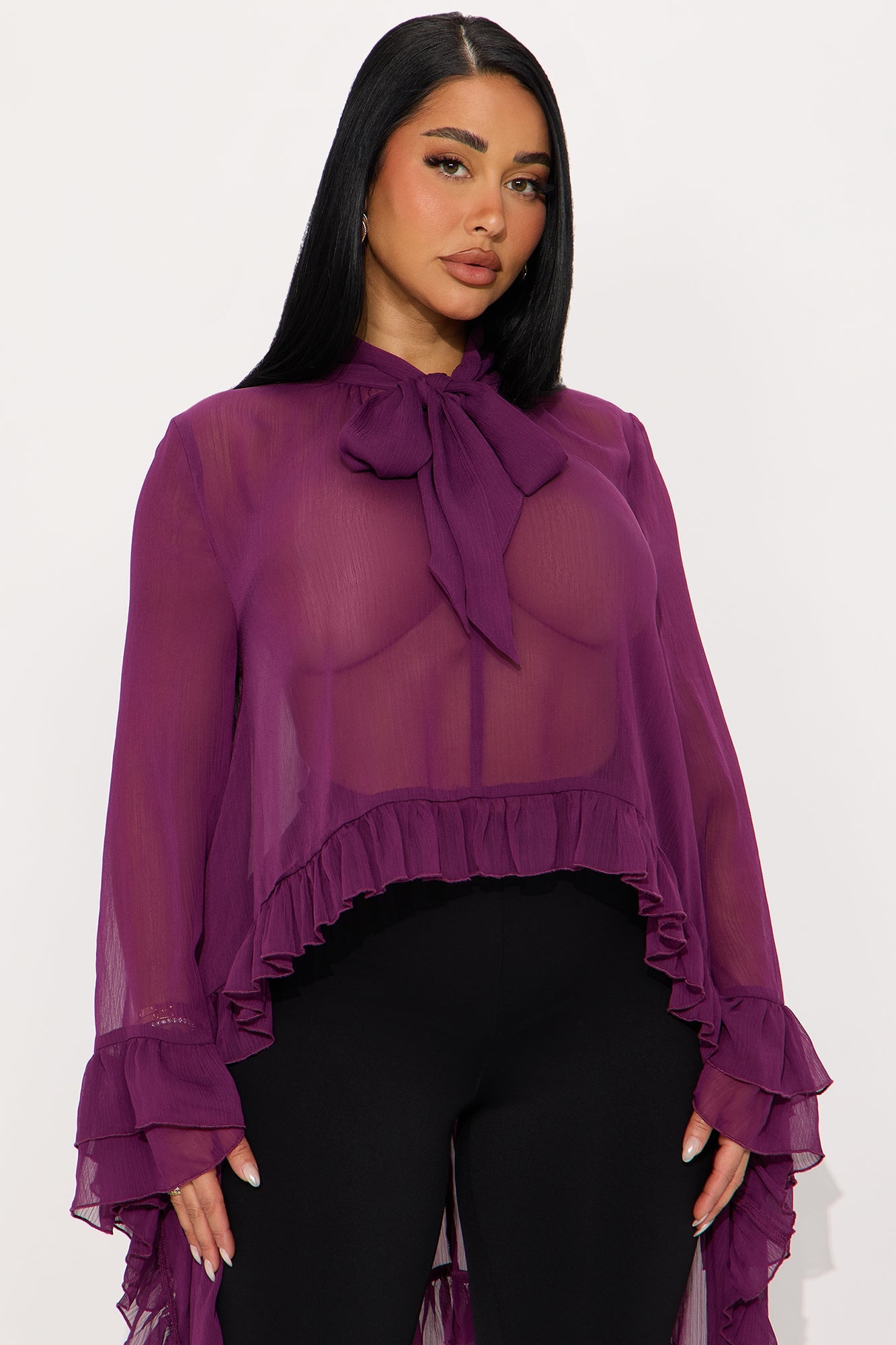 Elegance In Motion Neck Tie Ruffle Top - Plum