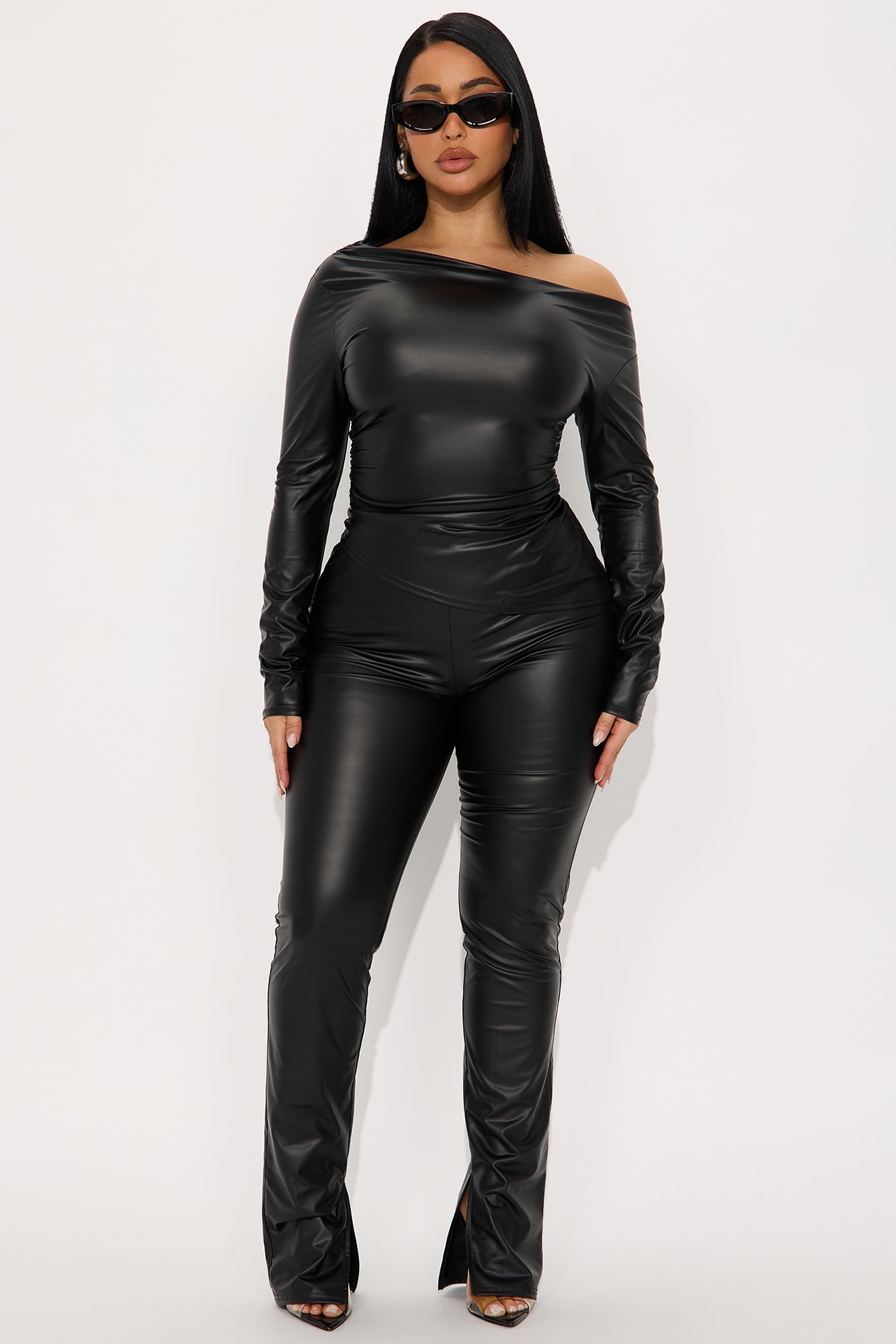 Wild Ride Asymmetrical Faux Leather Pant Set - Charcoal