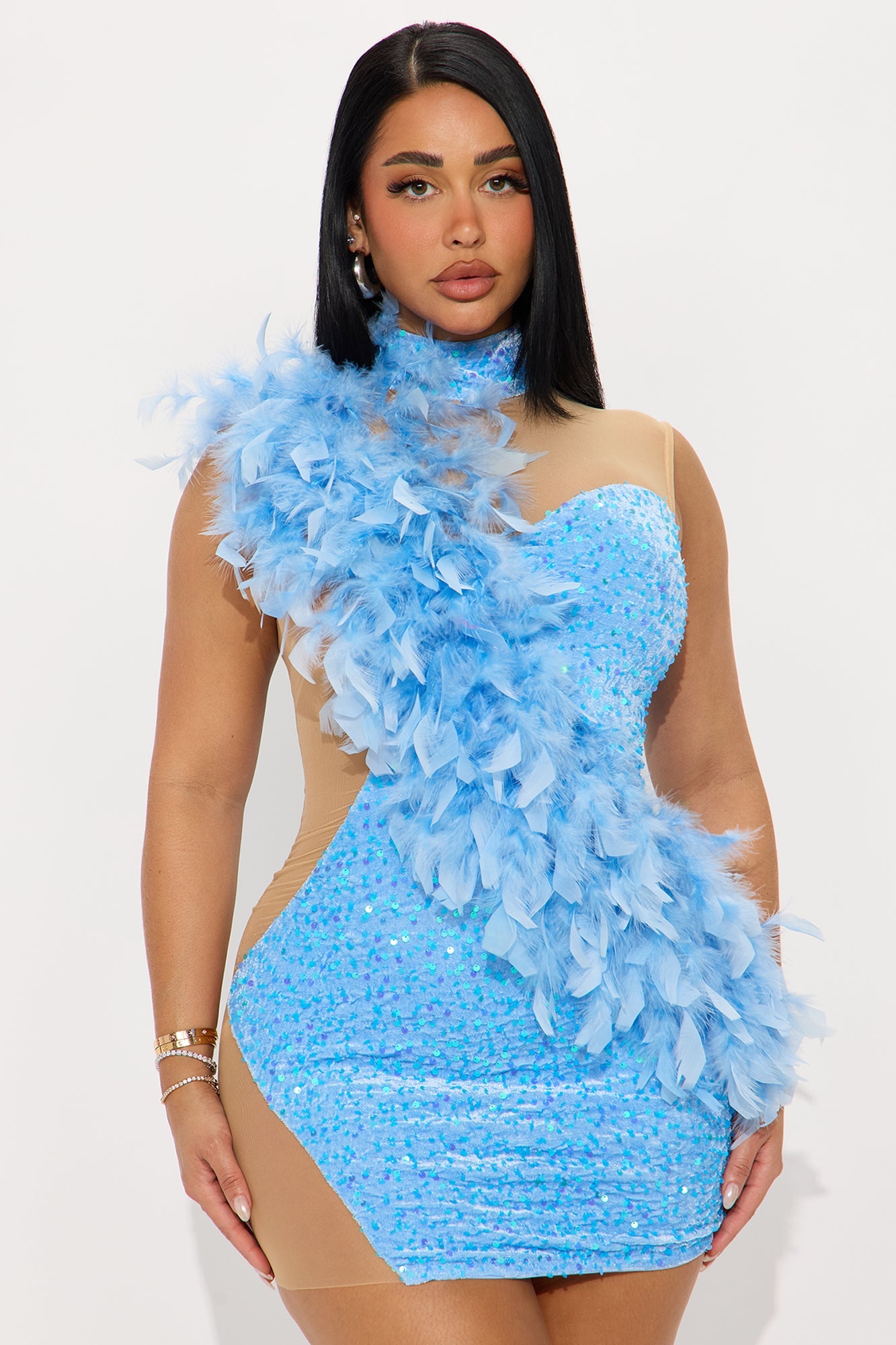 Party Time Feather Sequin Velvet Mini Dress - Blue