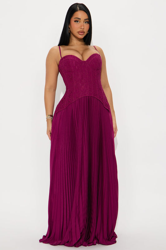 Daniella Lace Corset Pleated Maxi Dress - Plum