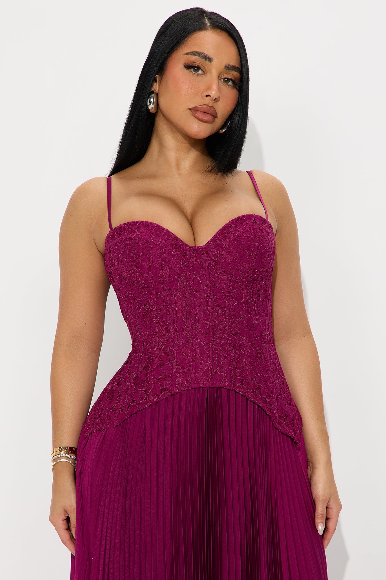 Daniella Lace Corset Pleated Maxi Dress - Plum