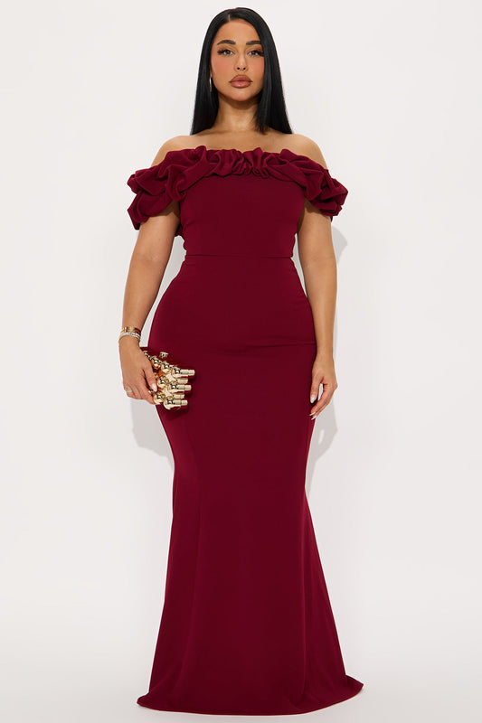 Clear Mind Ruffle Maxi Gown - Burgundy