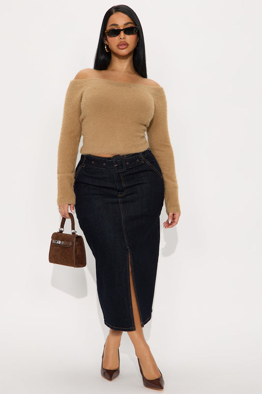 Cleo Belted Denim Midi Skirt - Rinse Blue Wash