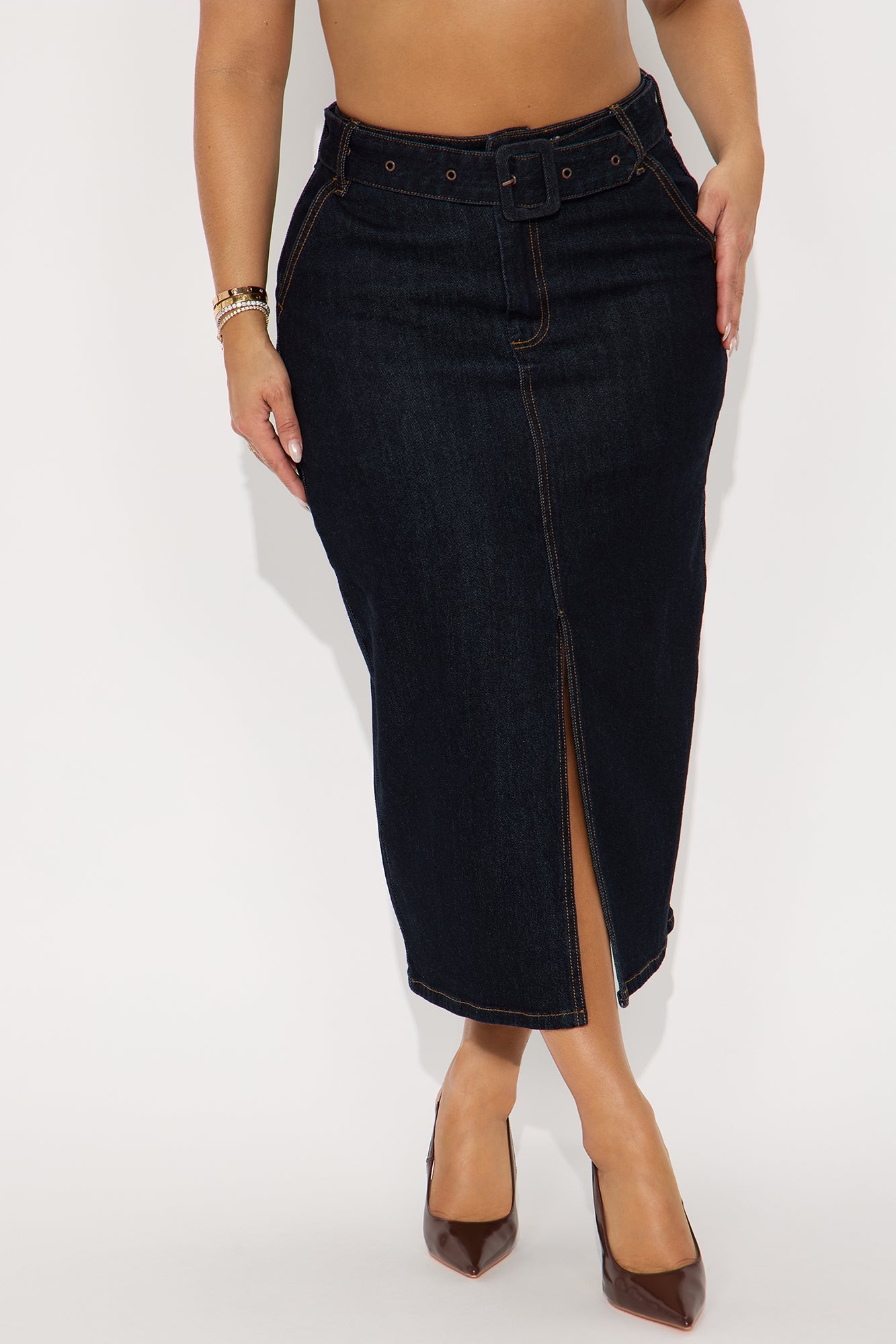 Cleo Belted Denim Midi Skirt - Rinse Blue Wash