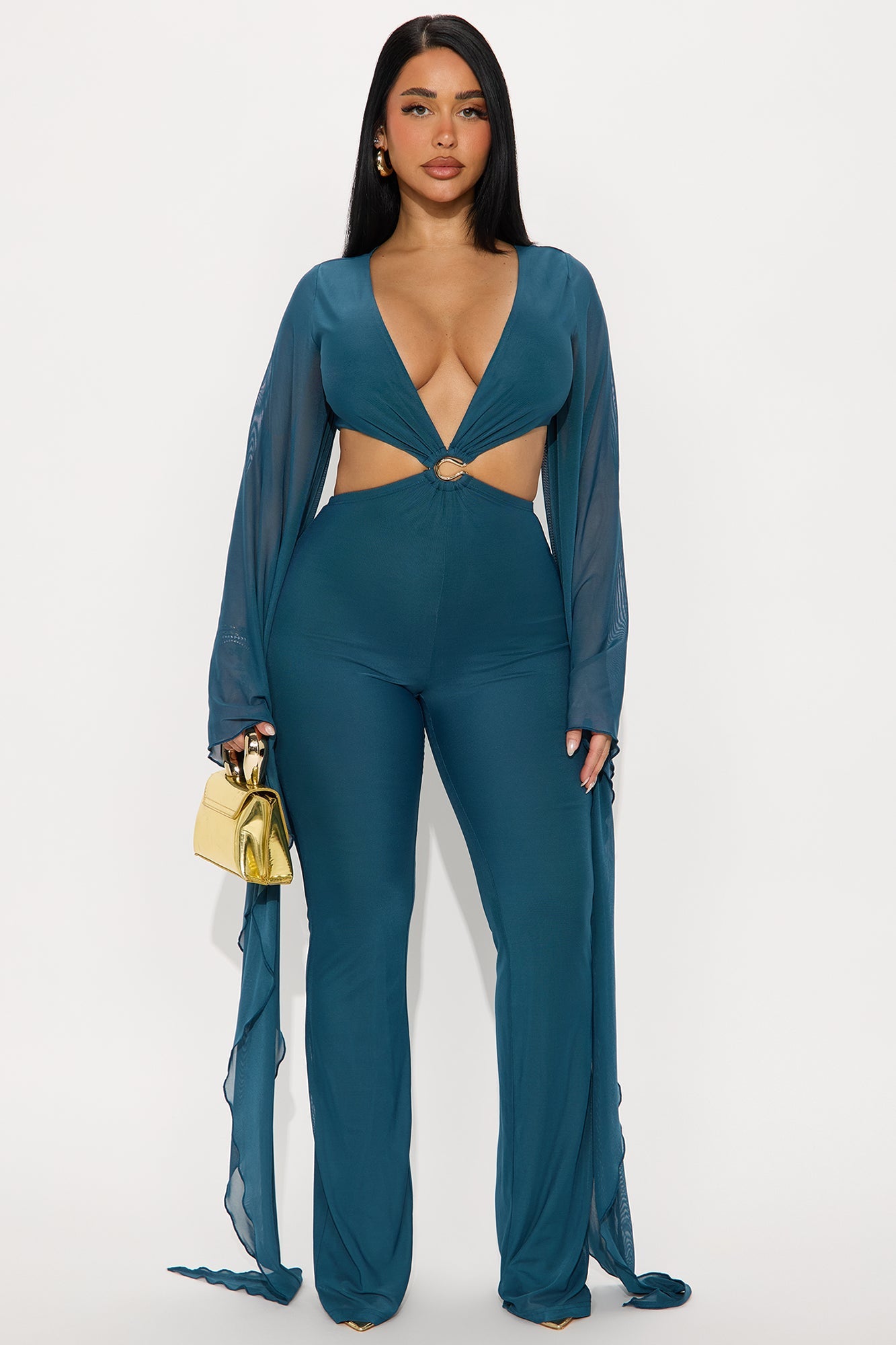 Baddie Energy Mesh Draped Jumpsuit - Teal