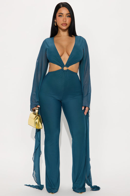 Baddie Energy Mesh Draped Jumpsuit - Teal