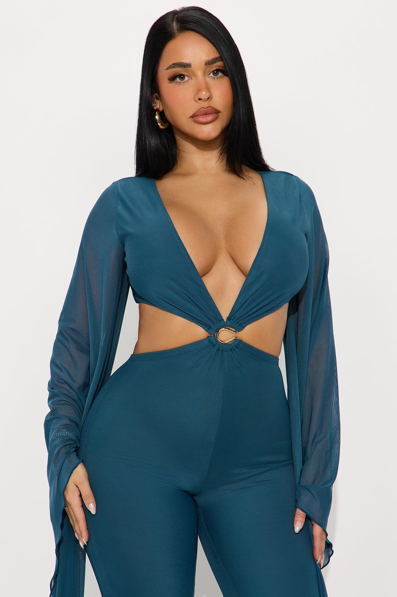 Baddie Energy Mesh Draped Jumpsuit - Teal