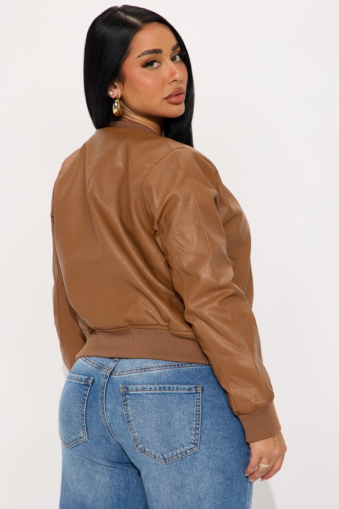 Leslie Faux Leather Bomber Jacket - Camel