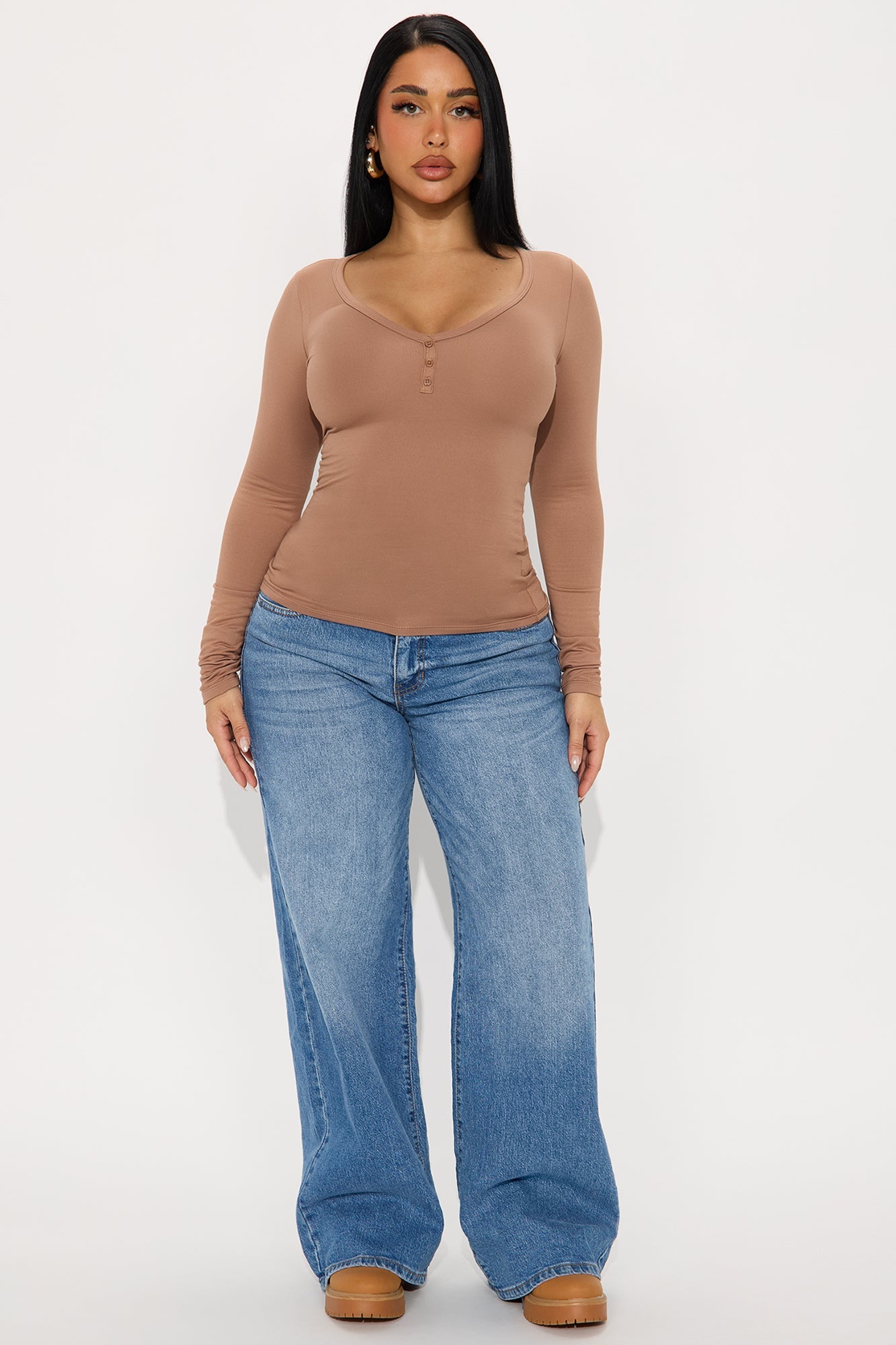 Kelis Long Sleeve Henley Top - Brown