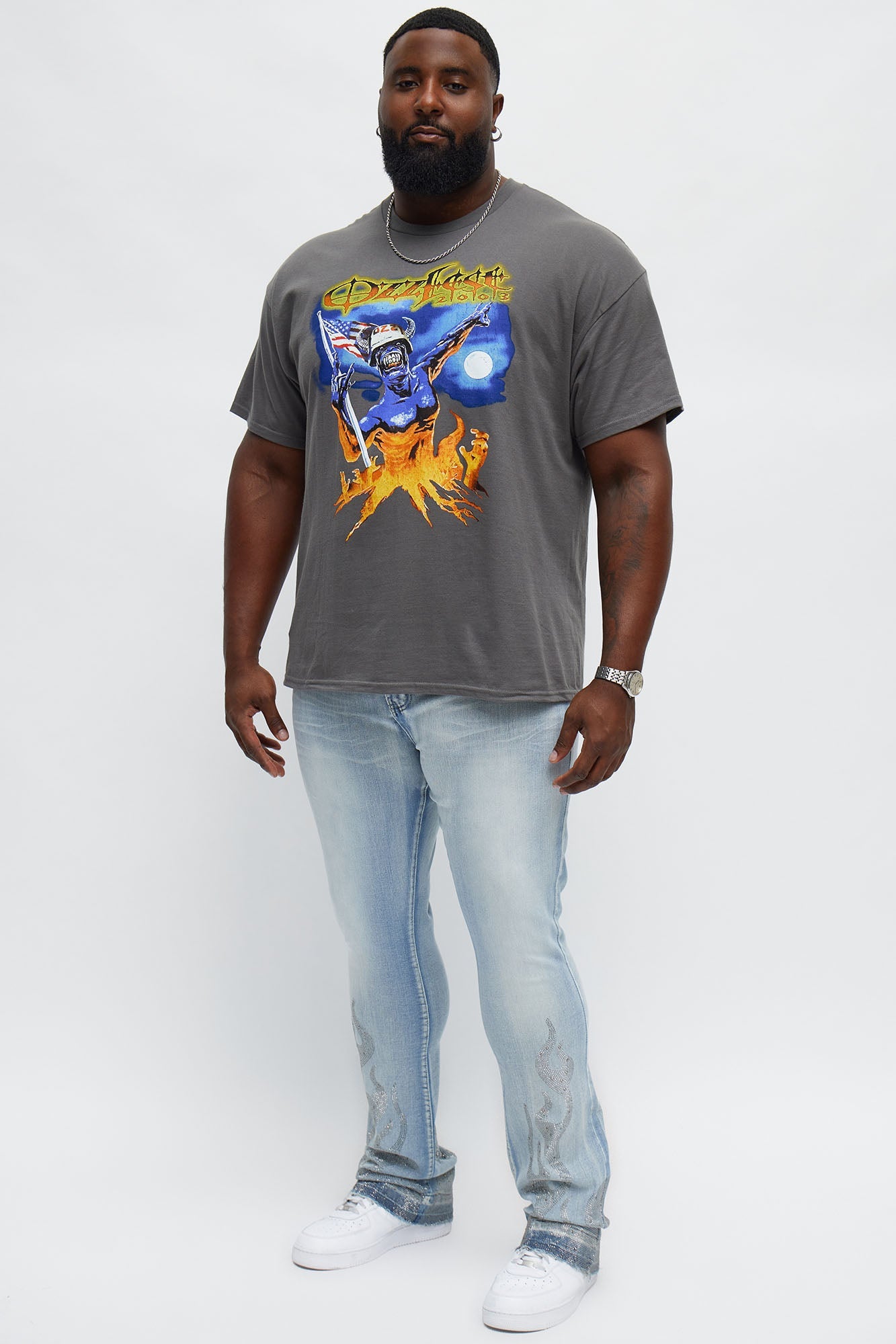 Stacked Skinny Flare Flames Up Jeweled Jean - Light Wash