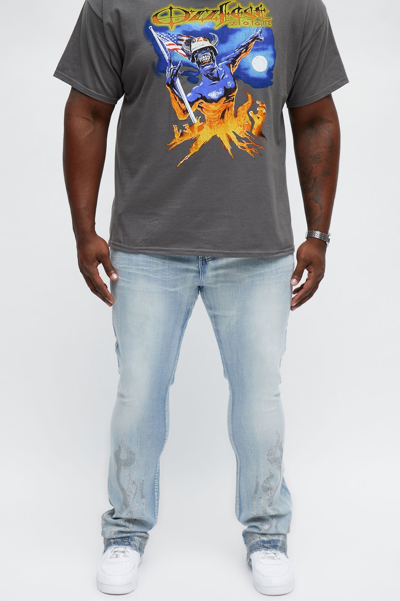 Stacked Skinny Flare Flames Up Jeweled Jean - Light Wash