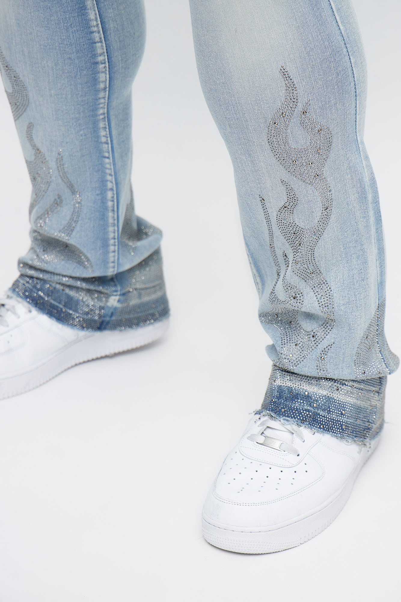 Stacked Skinny Flare Flames Up Jeweled Jean - Light Wash