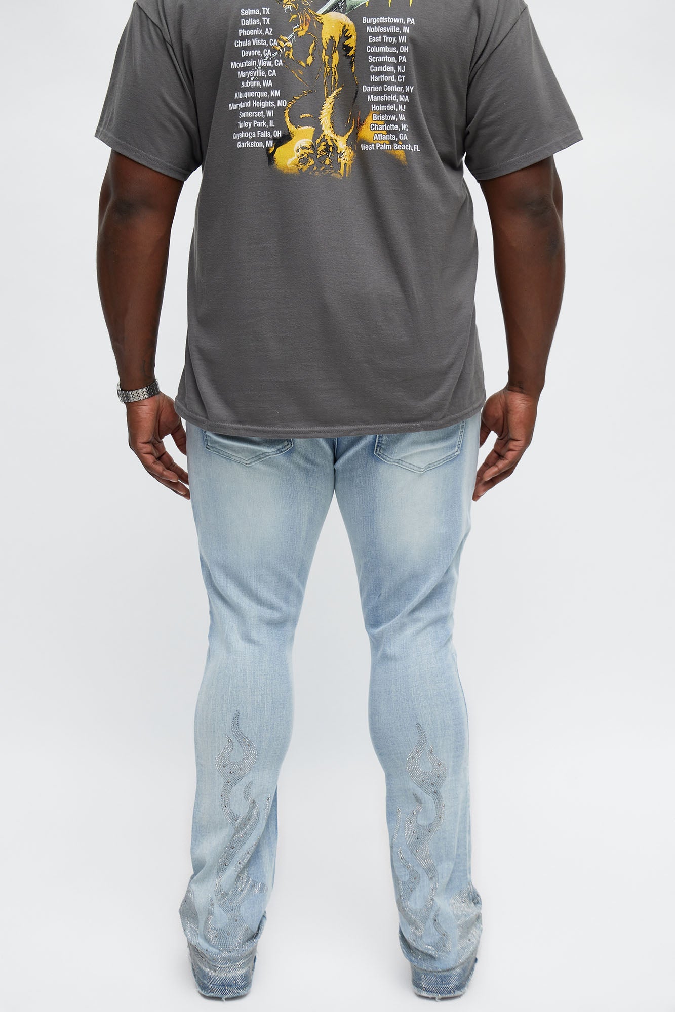 Stacked Skinny Flare Flames Up Jeweled Jean - Light Wash