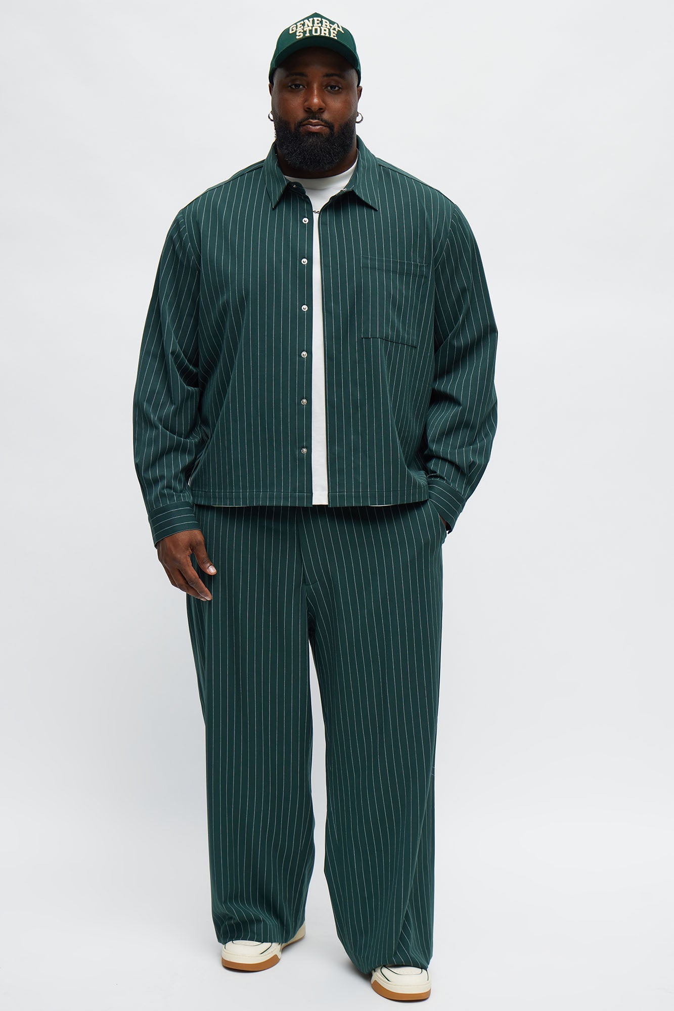 Cropped Striped Button Up Shirt - Green