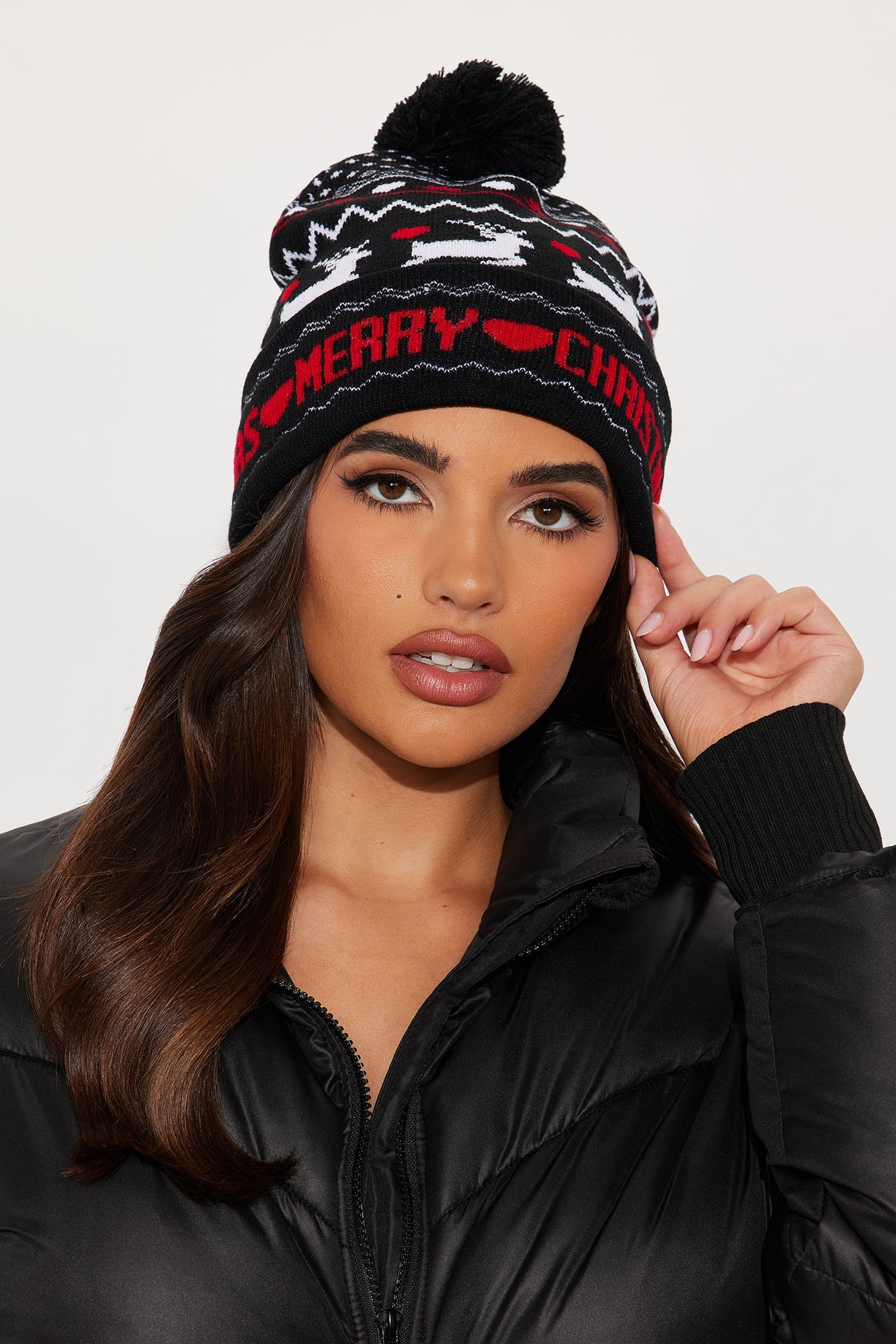 Merry Christmas Reindeer Beanie - Black/combo