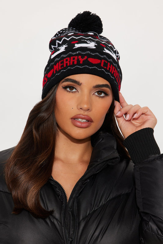 Merry Christmas Reindeer Beanie - Black/combo