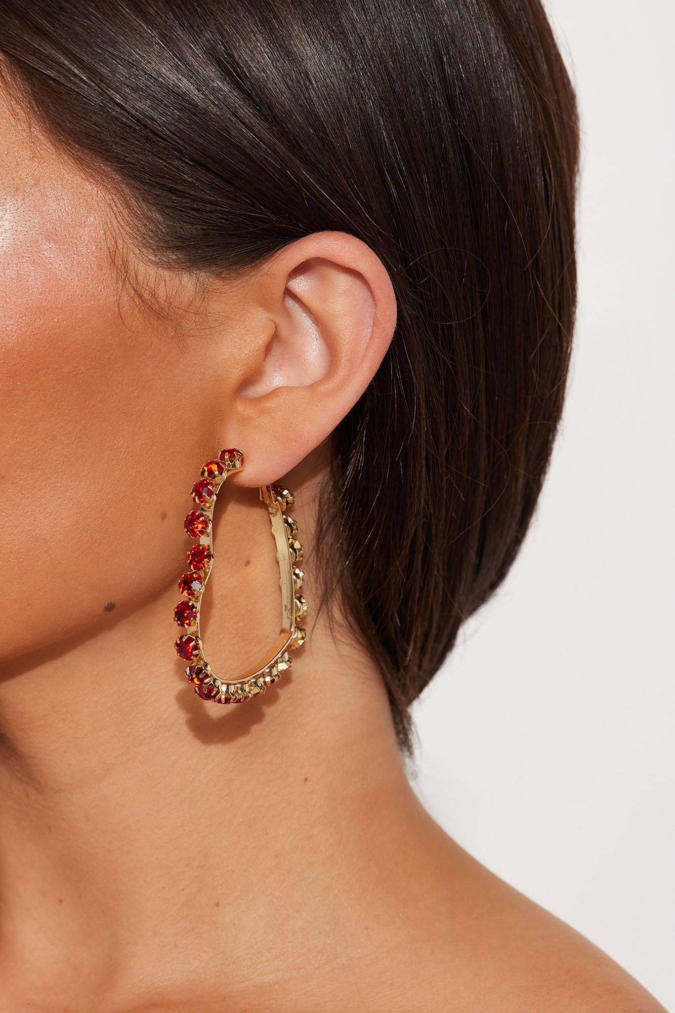 Heartbreaker Rhinestone Hoop Earrings - Gold/Red