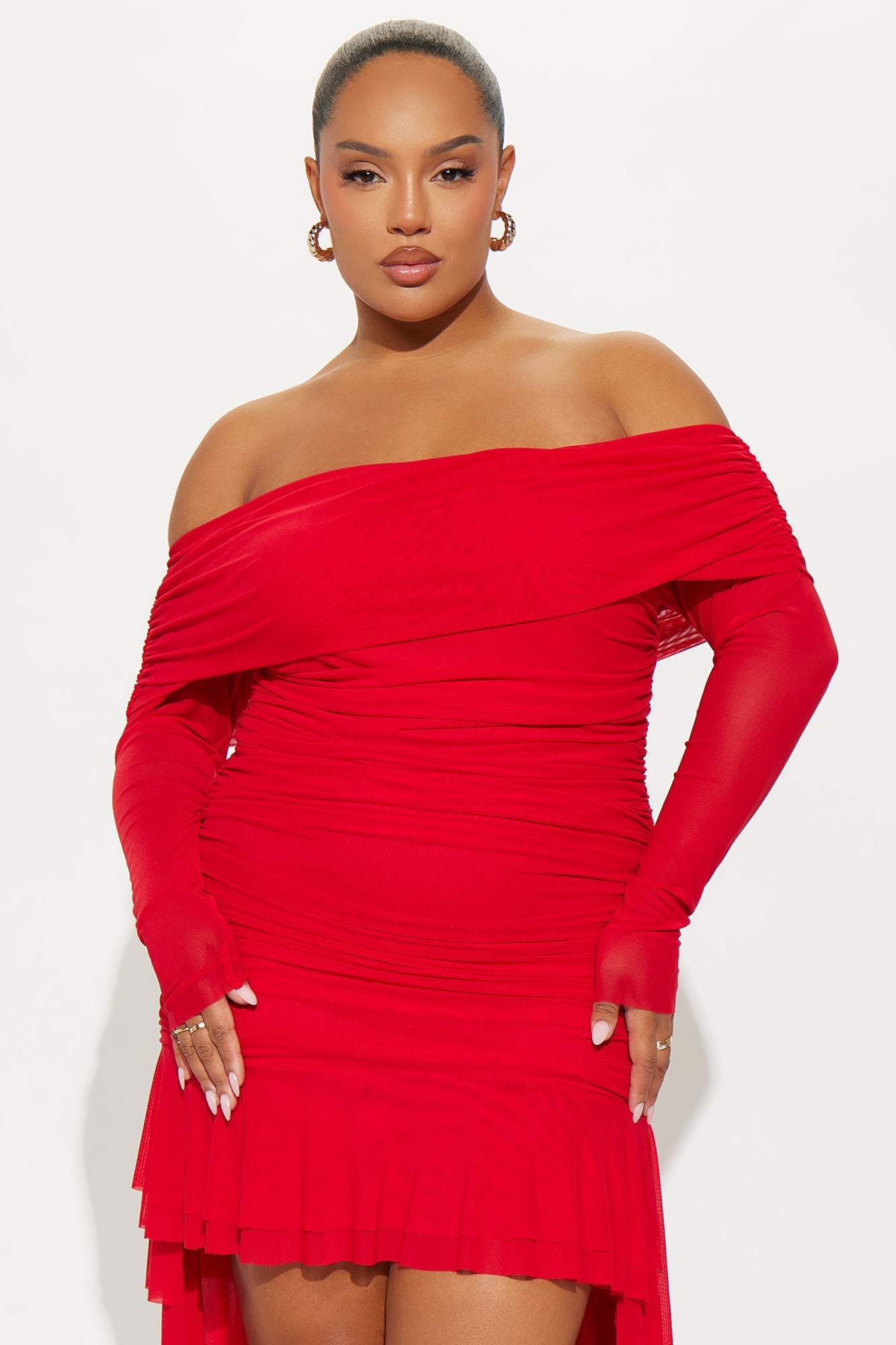 Naya Ruffle Asymmetrical Mesh Mini Dress - Red