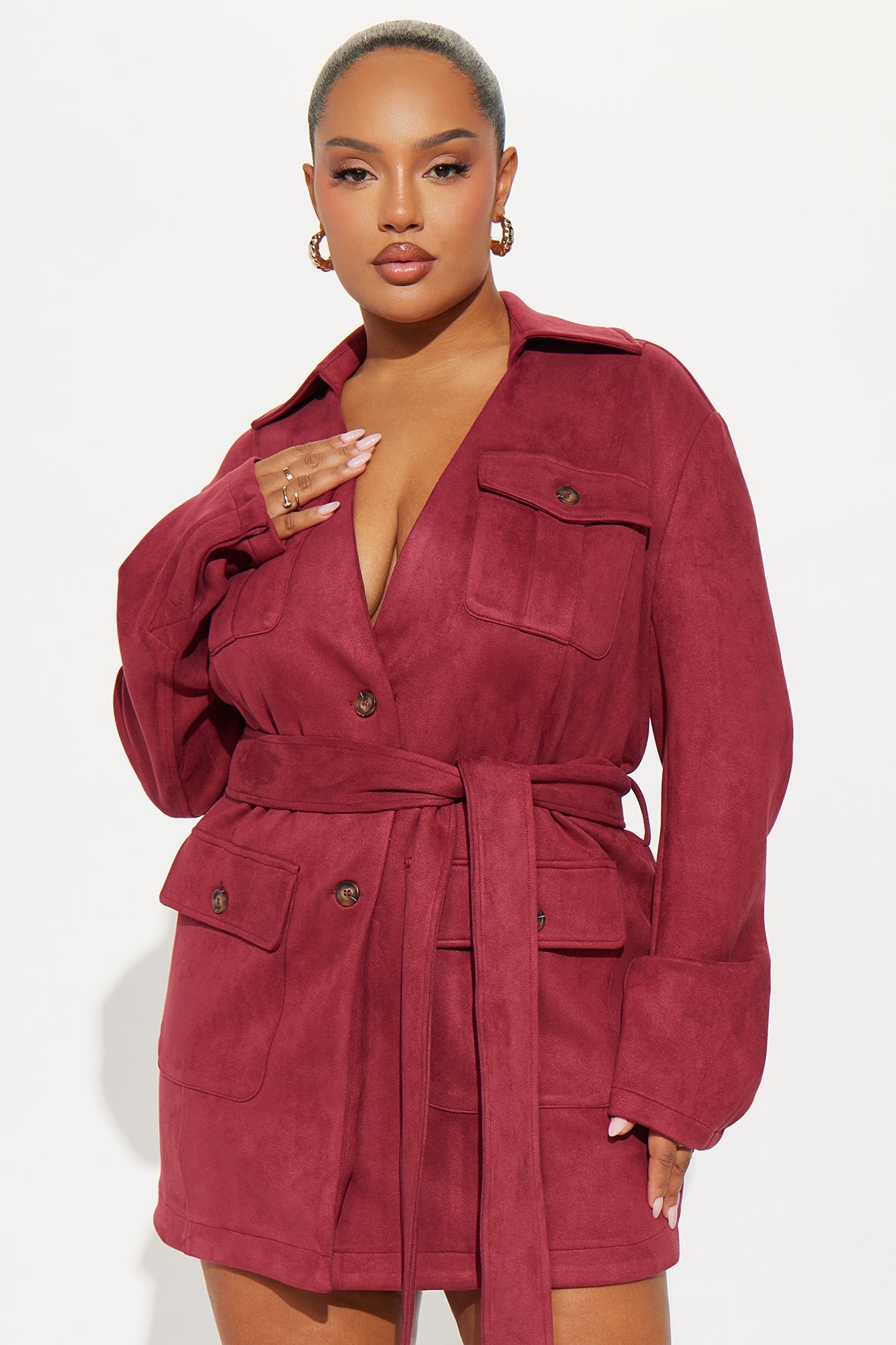 Tessa Tie Waist Faux Suede Mini Dress - Wine