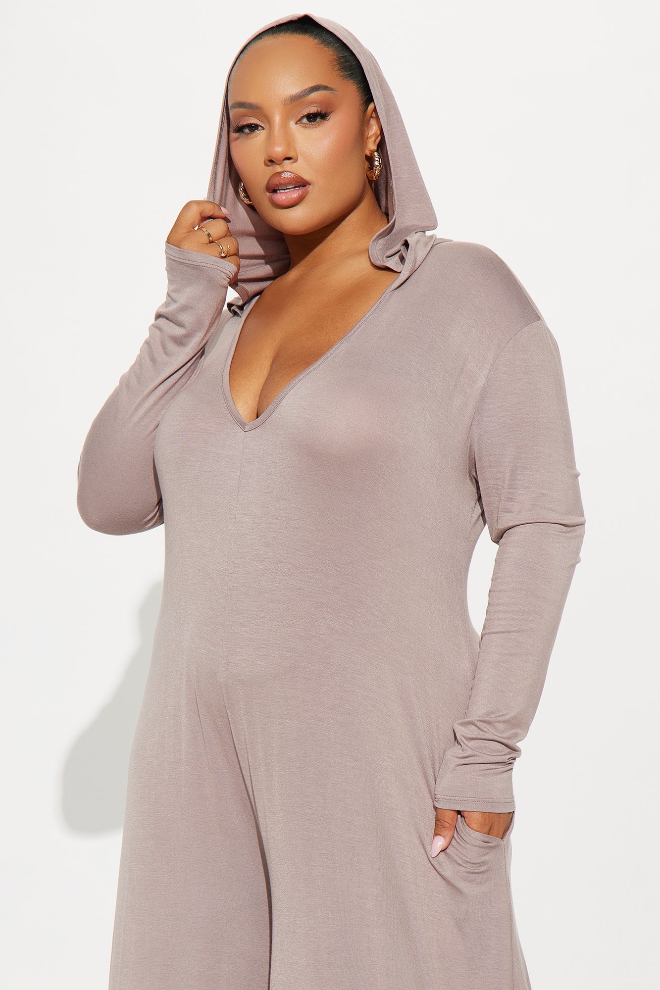 Haven Hooded Wide Leg Long Sleeve Jumpsuit - Mocha