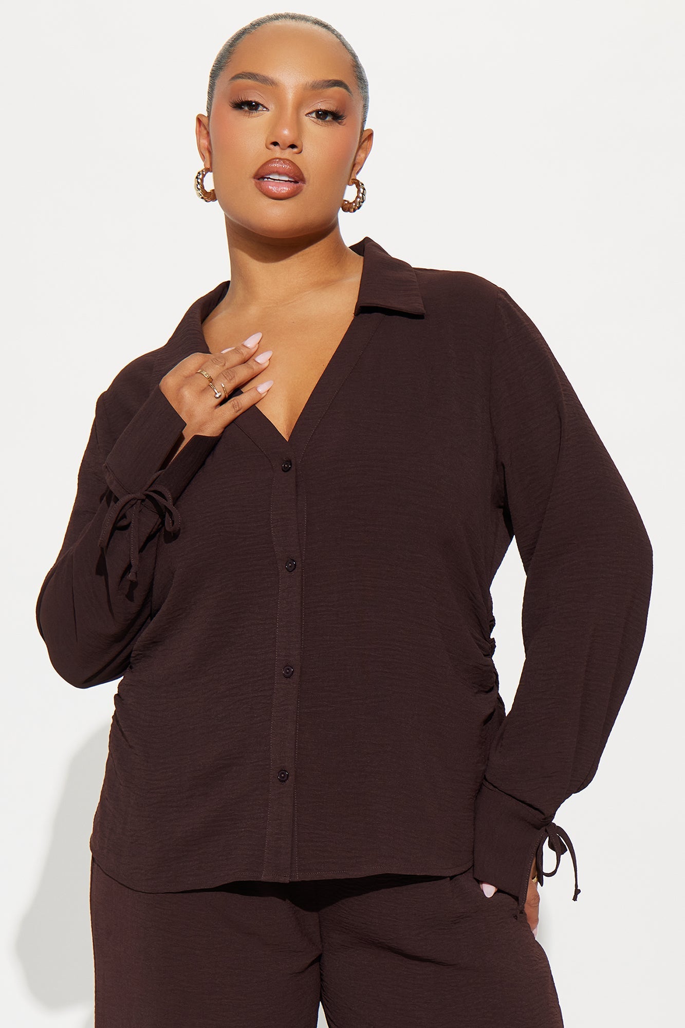 Gemma Ruched Sides Pant Set - Chocolate