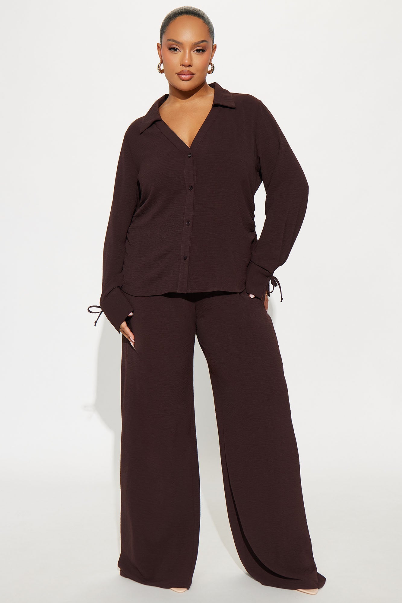 Gemma Ruched Sides Pant Set - Chocolate