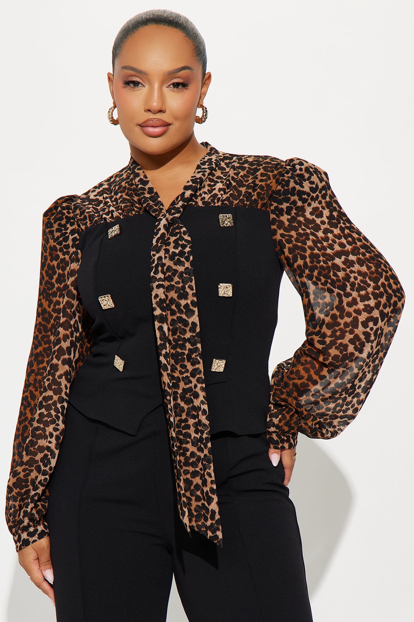 In Command Leopard Chiffon Straight Leg Jumpsuit - Black/combo