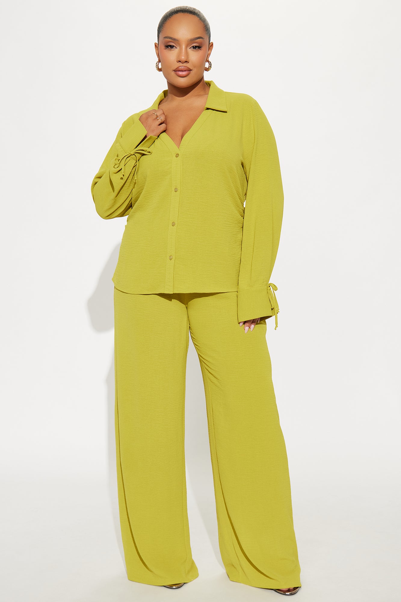 Gemma Ruched Sides Pant Set - Chartreuse