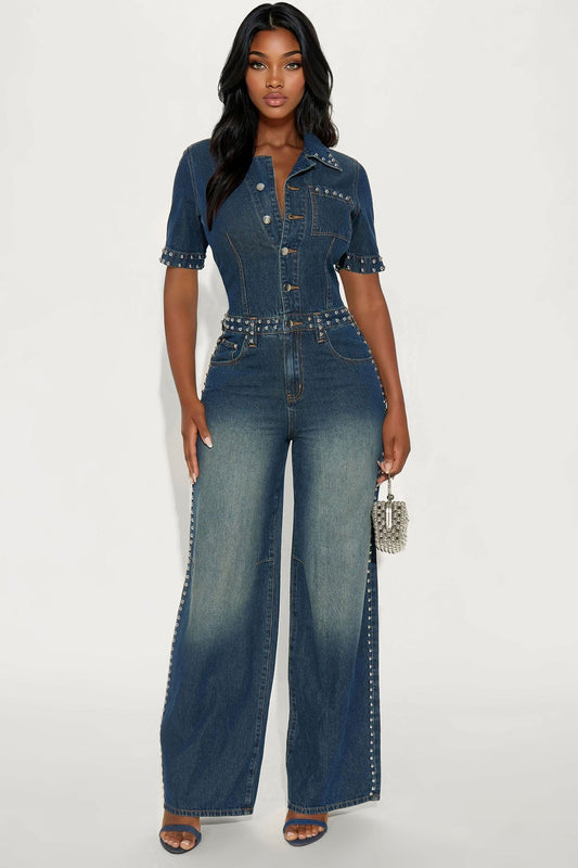Rodeo Drive Studded Denim Jumpsuit - Dark Denim