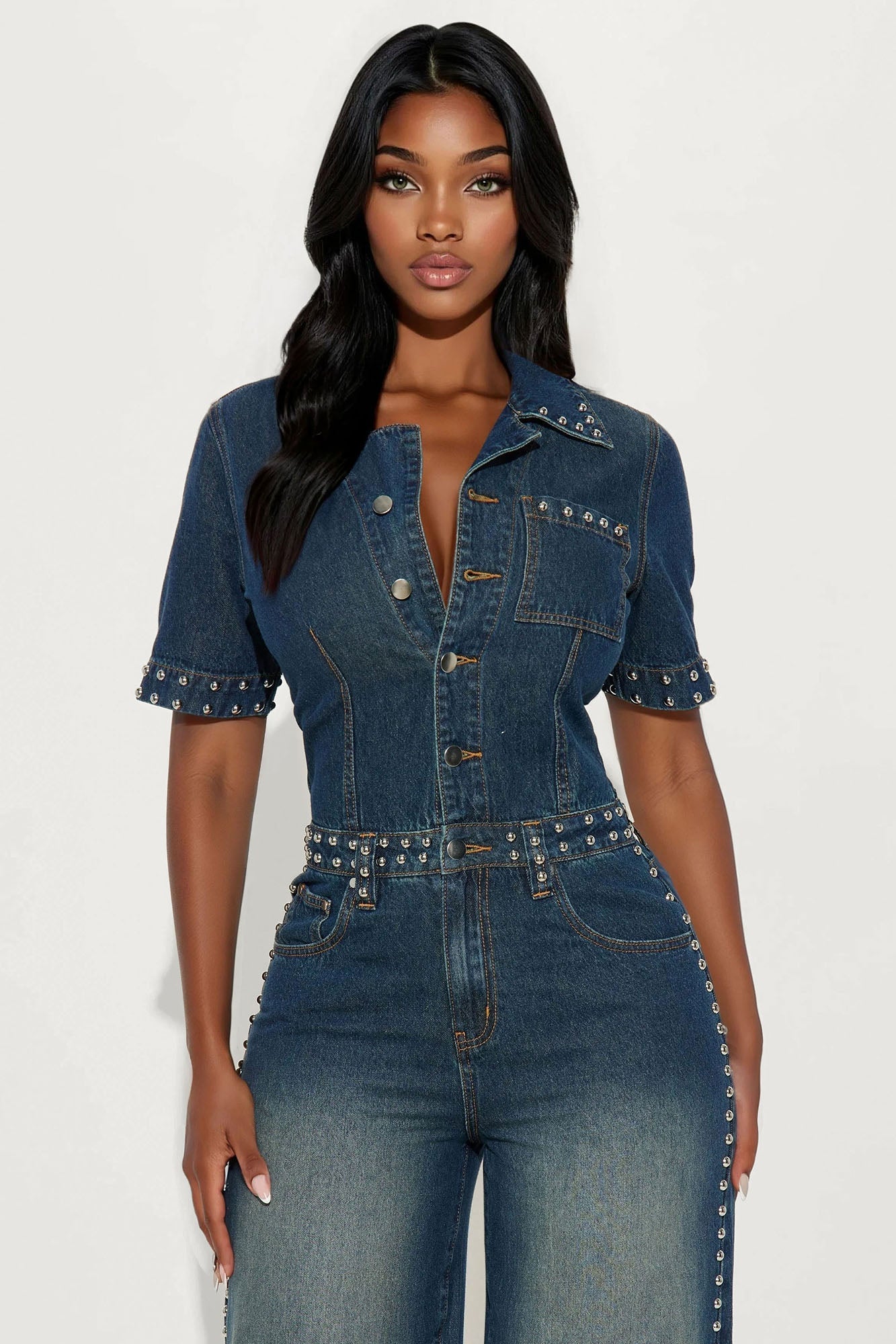 Rodeo Drive Studded Denim Jumpsuit - Dark Denim