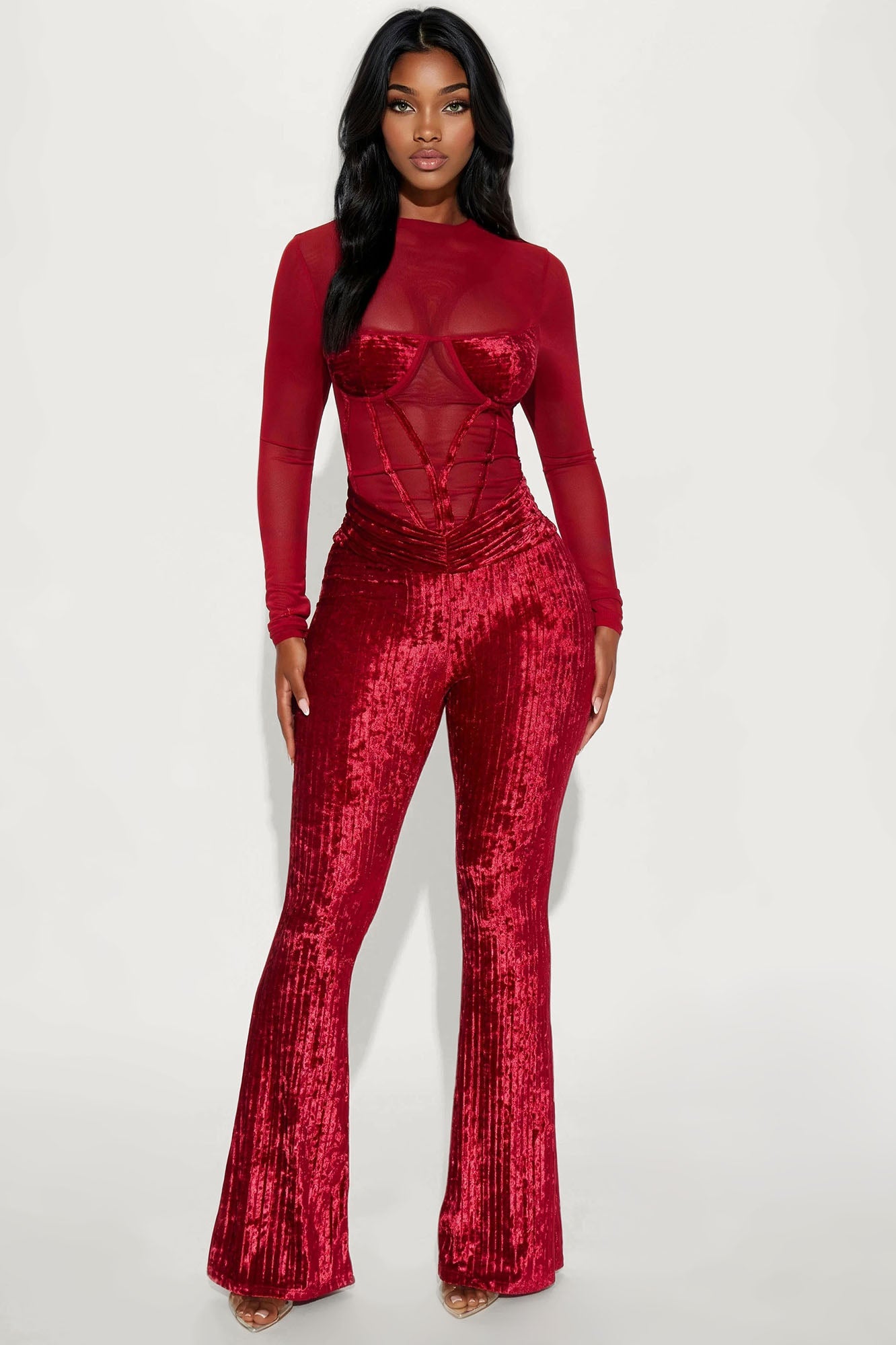 Miley Velvet Flare Leg Jumpsuit - Red