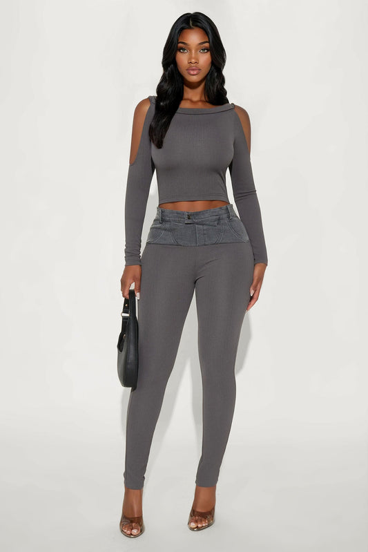 Sabrina Ribbed Long Sleeve Jumpsuit - Grey