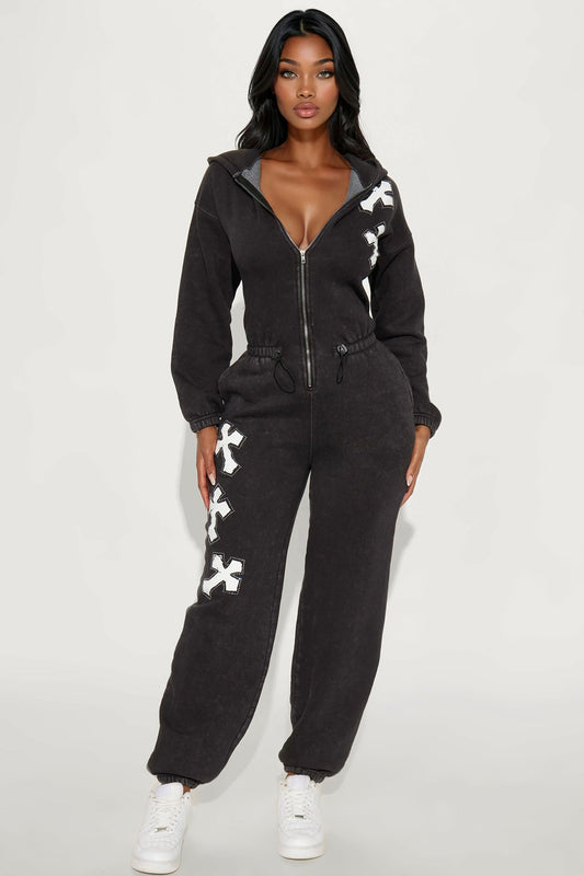 Crossed My Mind Jogger Jumpsuit - Black Wash