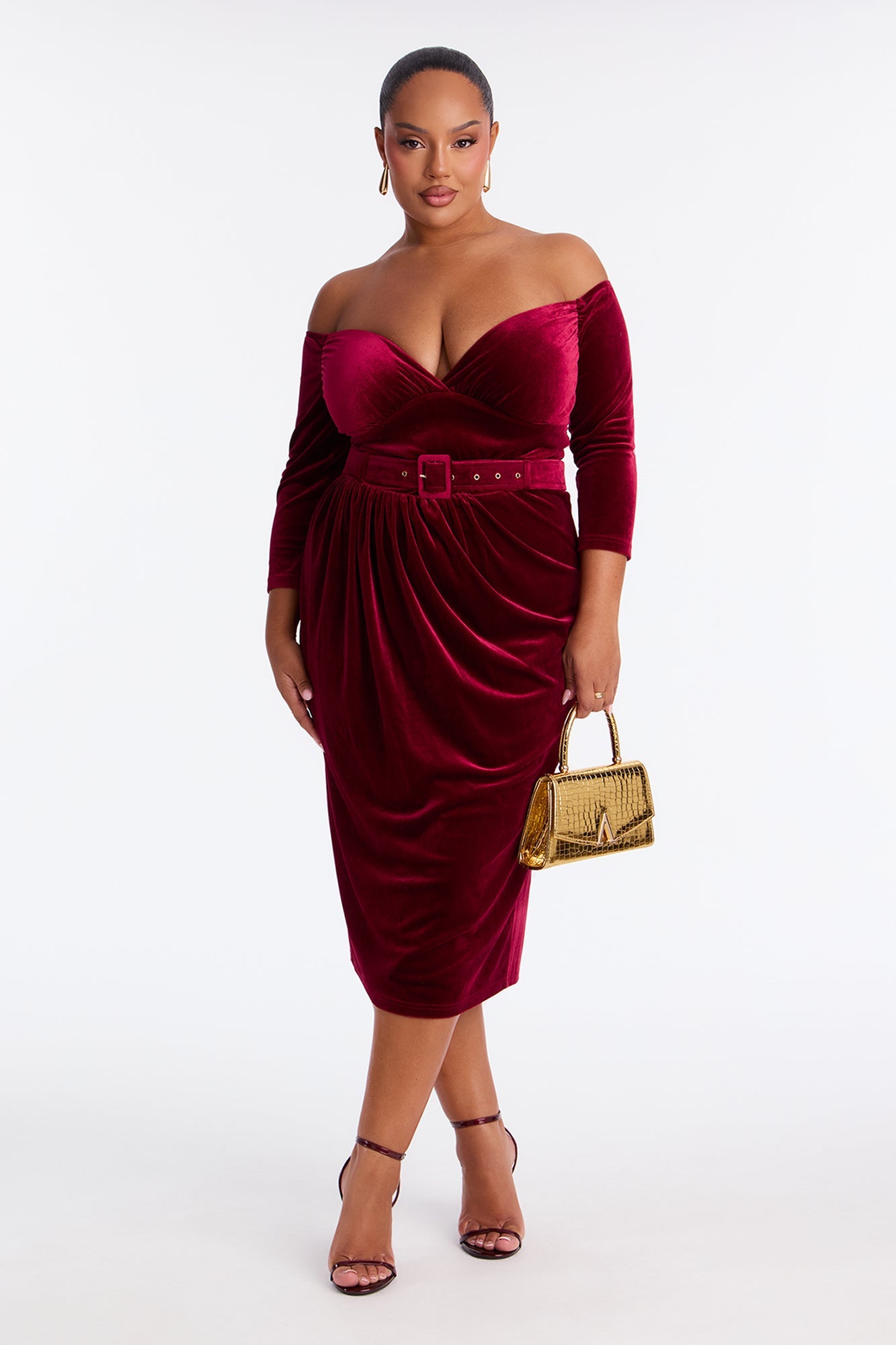 Betsey Belted Velvet Midi Dress - Wine